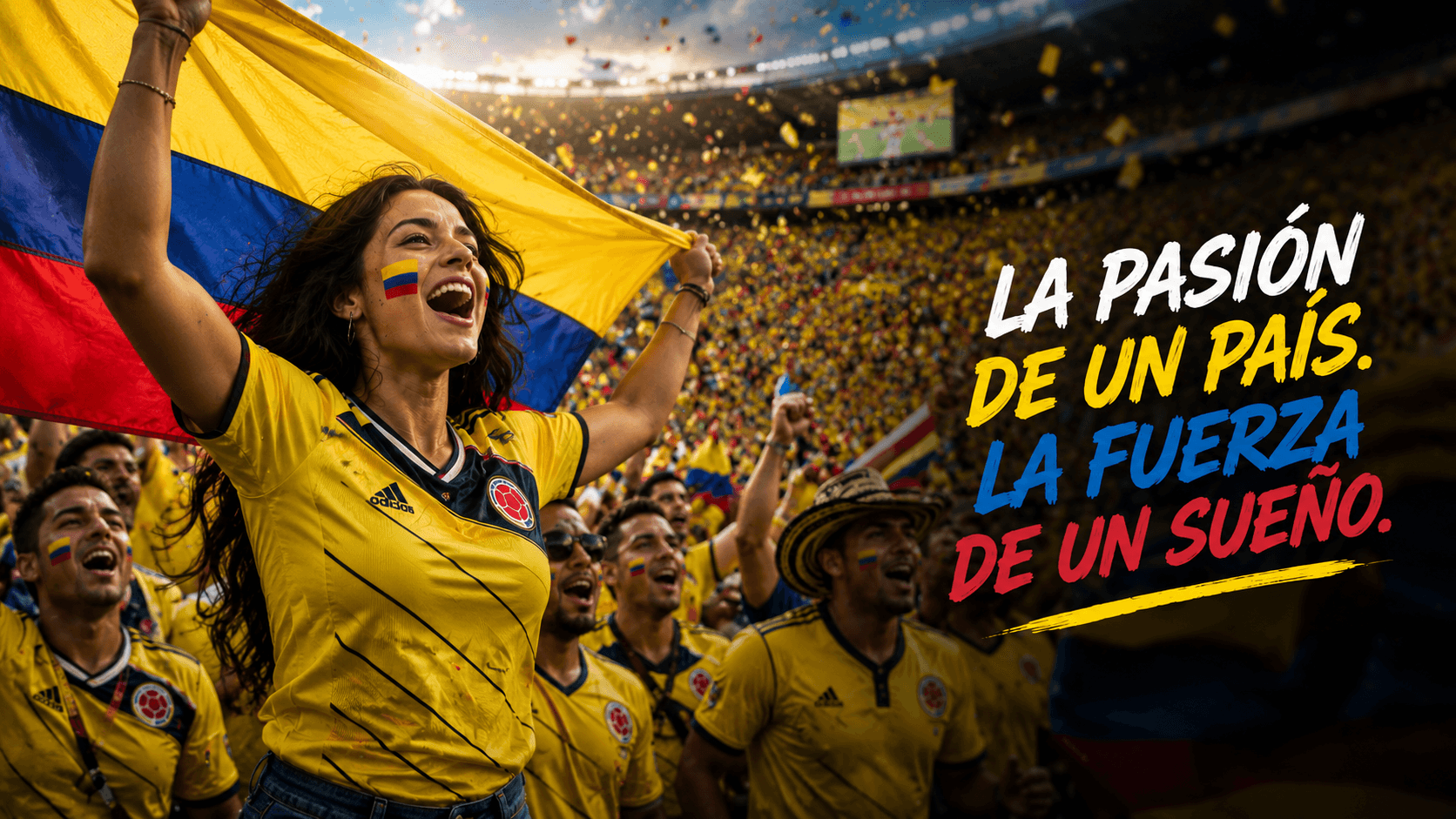 Hinchas de Colombia celebrando en estadio con bandera
