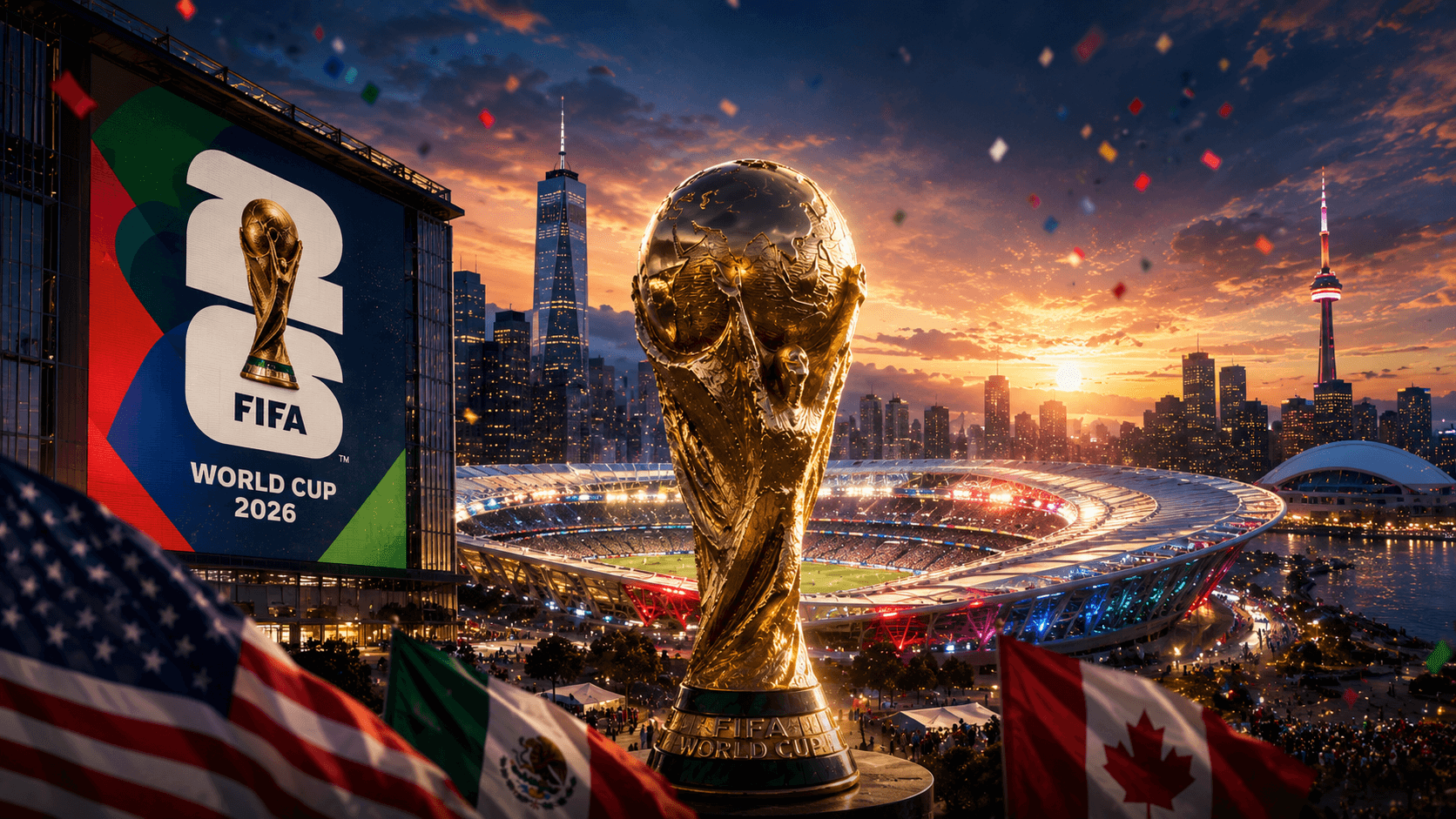 Estadio de noche con ambiente de FIFA World Cup 2026